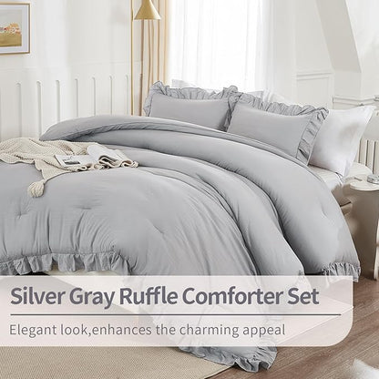 Andency Silver Gray Comforter Set California King Size, 3 Pieces Vintage Shabby Ruffle Bedding Comforter Sets for Cal King Bed, Lightweight Fluffy Soft Microfiber Farmhouse Comforter Set