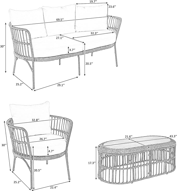 Furniture 4-Piece Outdoor Patio Conversation Seating for 5 Person and Coffee Table, Rattan Chair Wicker Sofa Bistro Sets for Porch, Backyard and Garden, Grey