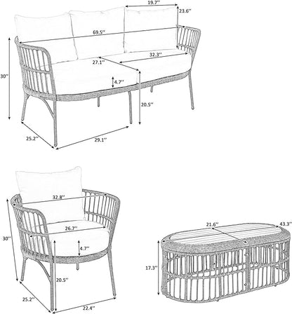 Furniture 4-Piece Outdoor Patio Conversation Seating for 5 Person and Coffee Table, Rattan Chair Wicker Sofa Bistro Sets for Porch, Backyard and Garden, Grey