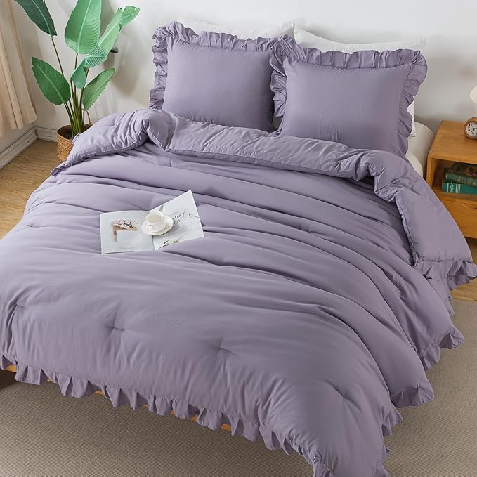 Andency Grayish Purple California King Comforter Set, 3 Pieces Cal King Ruffle Purple Comforter, Lightweight Oversized Farmhouse Shabby Chic Soft Microfiber Bedding Comforter Set (104x96Inch)