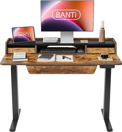 BANTI Height Adjustable Electric Standing Desk with Three Drawers, 48 x 25 Inch Table with Storage Shelf, Sit Stand Desk with Storage Space, Splice Board with Black Frame/Rustic Brown Top