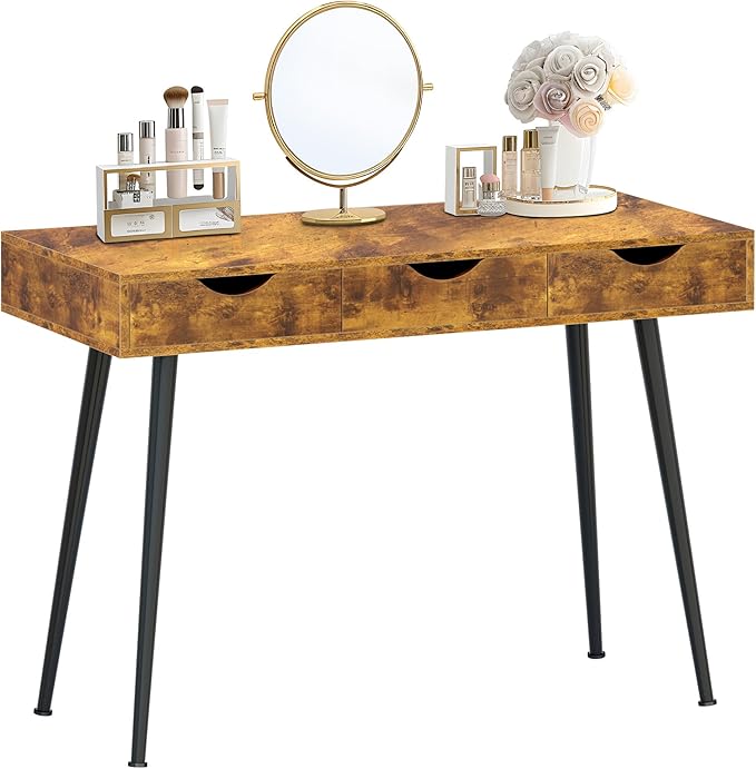 sogesfurniture Mid Century Writing Computer Desk with 3 Drawers, Makeup Vanity Table, 43.3'' Writing Study Desk for Home Office, Dressing Table, Rustic Brown