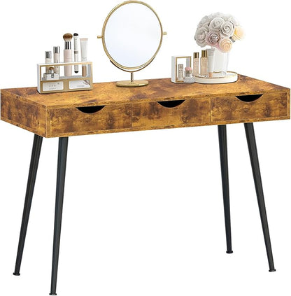 sogesfurniture Mid Century Writing Computer Desk with 3 Drawers, Makeup Vanity Table, 43.3'' Writing Study Desk for Home Office, Dressing Table, Rustic Brown