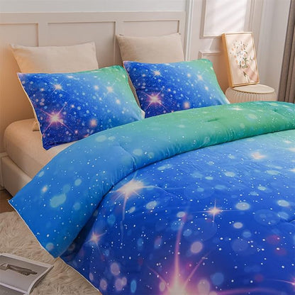 Holawakaka Kids Space Star Glitter Comforter Set Ombre Blue & Green Print Gradient Bedding Set Twin Size(Blue Green, Twin)