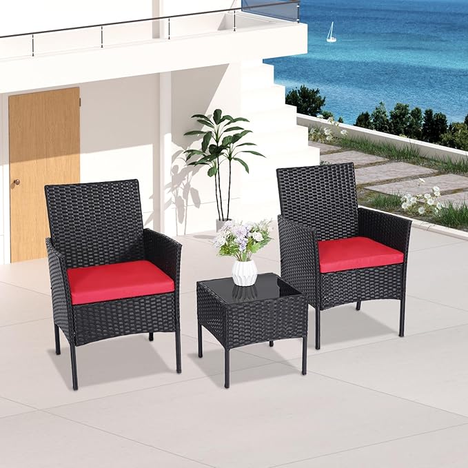 Patio Furniture Set 3 Pieces All-Weather Rattan Outdoor Furniture Patio Chairs with Tempered Glass Table for Porch Bistro Balcony Bistro Set(Black/Red)