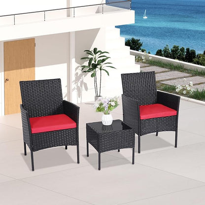 Patio Furniture Set 3 Pieces All-Weather Rattan Outdoor Furniture Patio Chairs with Tempered Glass Table for Porch Bistro Balcony Bistro Set(Black/Red)