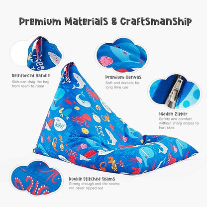 Nobildonna Stuffed Animal Storage Bean Bag Chair Cover Only for Kids and Adults, Extra Large Beanbag without Filling Plush Toys Holder and Organizer- Premium Canvas 250L (Sea Animals)