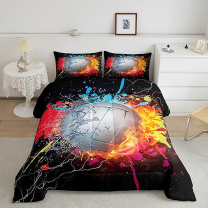 Erosebridal Kids Volleyball Comforter Set for Teen Girls Boys Volleyball Bedding Set King Grunge Hippie Tie Dye Bedding Comforter Red Blue Fire Water Lightning Quilt Duvet Insert 2 Pillow Cases
