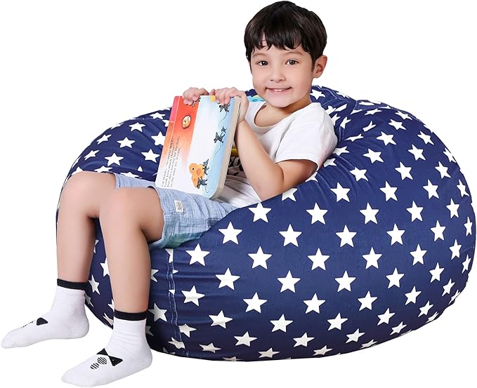 Lukeight Stuffed Animal Storage Bean Bag Chair Cover for Kids, Zipper Beanbag Chair Cover for Organizing Toddler & Kids' Rooms Plush Toys (Stars Navy Velvet, Large)