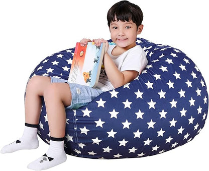 Lukeight Stuffed Animal Storage Bean Bag Chair Cover for Kids, Zipper Beanbag Chair Cover for Organizing Toddler & Kids' Rooms Plush Toys (Stars Navy Velvet, Large)