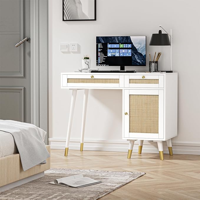 Anmytek Rattan Vanity Desk with Drawers and Storage, White Makeup Vanity Table Modern Home Office Desk Computer Desk for Study D0006