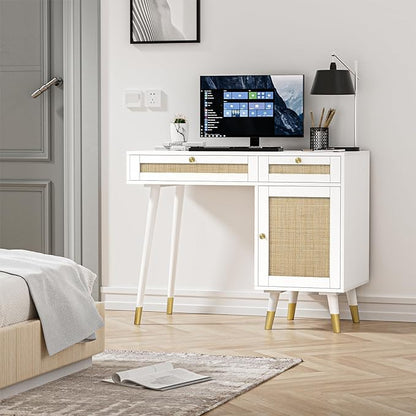 Anmytek Rattan Vanity Desk with Drawers and Storage, White Makeup Vanity Table Modern Home Office Desk Computer Desk for Study D0006