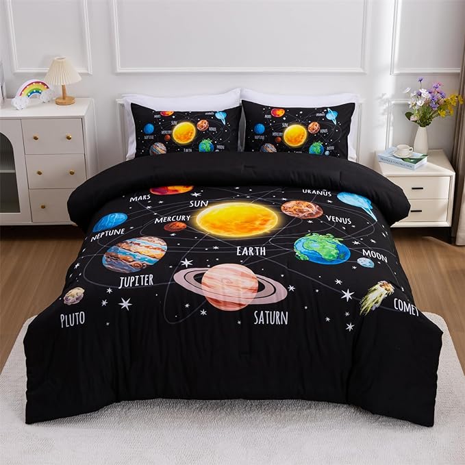 Aimuan Space Comforter Twin Set Kids Rocket Bedding Set Super Soft & Cute Aliens UFO Printed for Boys Girls Teen (Black 1, Full)