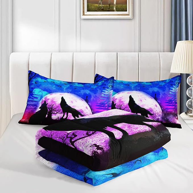 Wolf Comforter Set Galaxy Wolf Night Moon Bedding Set for Kids Teens Room Decor Wild Animals Comforter with 2 Pillowcases