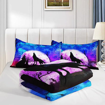 Wolf Comforter Set Galaxy Wolf Night Moon Bedding Set for Kids Teens Room Decor Wild Animals Comforter with 2 Pillowcases