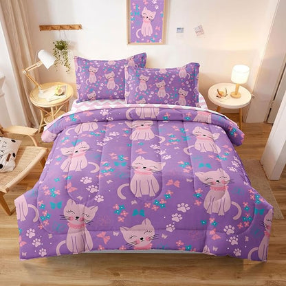5 Piece Girls Cat Comforter Set Twin Size Bed in A Bag Pink Cute Cartoon Cats Bedding Set for Kids Teens (1 Comforter, 1 Flat Sheet, 1 Fitted Sheet, 2 Pillowcases), Purple Pink