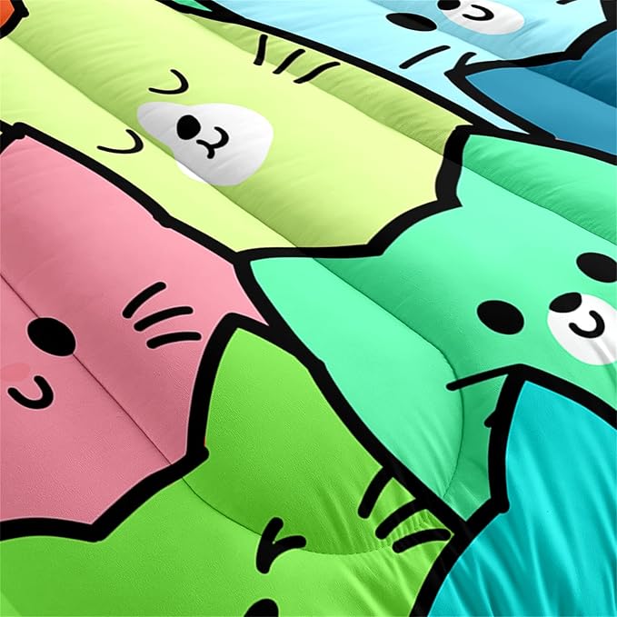 Cartoon Cat Comforter Set 3Pcs - Queen Size Cat Bedding Set for Bedroom Ultra Soft Lovely Animals Themed Comforter Set for Kids Room Decor for All-Season Boys Girls Gifts, 1 Quilt + 2 Pillowcases