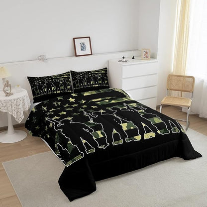 American Flag Comforter Set Full for Boy Teen ArmyGreen Camouflage Down Comforter Adult Men Soldier Silhouettes Quilted Duvet Military Style Camo Bedding Comforters, 1 Comforter Set + 2 Pillowcases