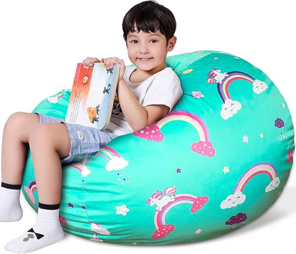 Lukeight Unicorns Stuffed Animal Storage Bean Bag Chair Cover for Kids, Unicorns Zipper Beanbag Chair Cover for Organizing Toddler & Kids' Rooms Plush Toys (Rainbow Green, X-Large)