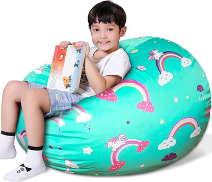 Lukeight Unicorns Stuffed Animal Storage Bean Bag Chair Cover for Kids, Unicorns Zipper Beanbag Chair Cover for Organizing Toddler & Kids' Rooms Plush Toys (Rainbow Green, XX-Large)