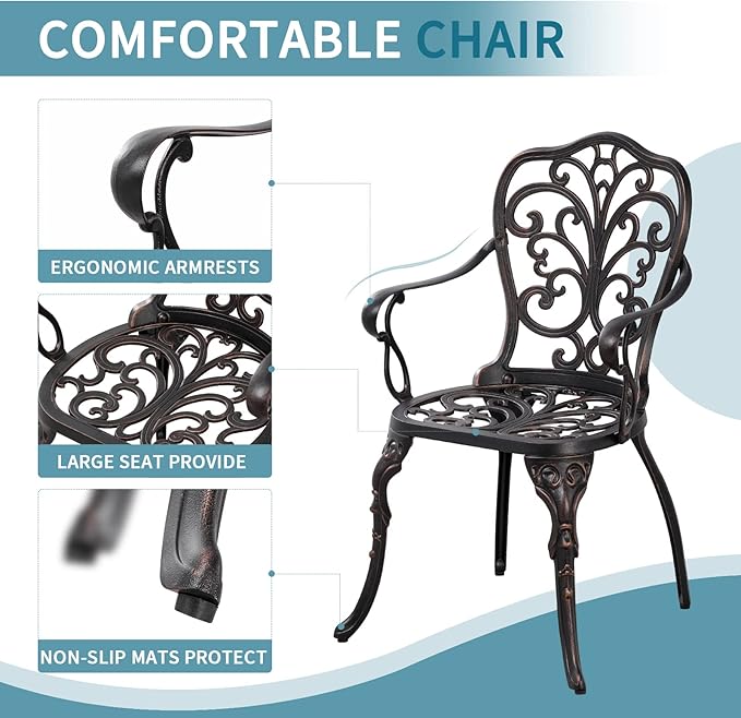 Outdoor Bistro Table and Chairs Set of 2 Cast Aluminum Patio Bistro Set with Umbrella Hole, All Weather Bistro Table Set for Garden, Bronze