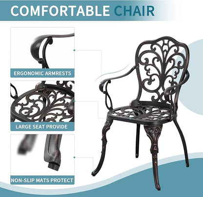 Outdoor Bistro Table and Chairs Set of 2 Cast Aluminum Patio Bistro Set with Umbrella Hole, All Weather Bistro Table Set for Garden, Bronze