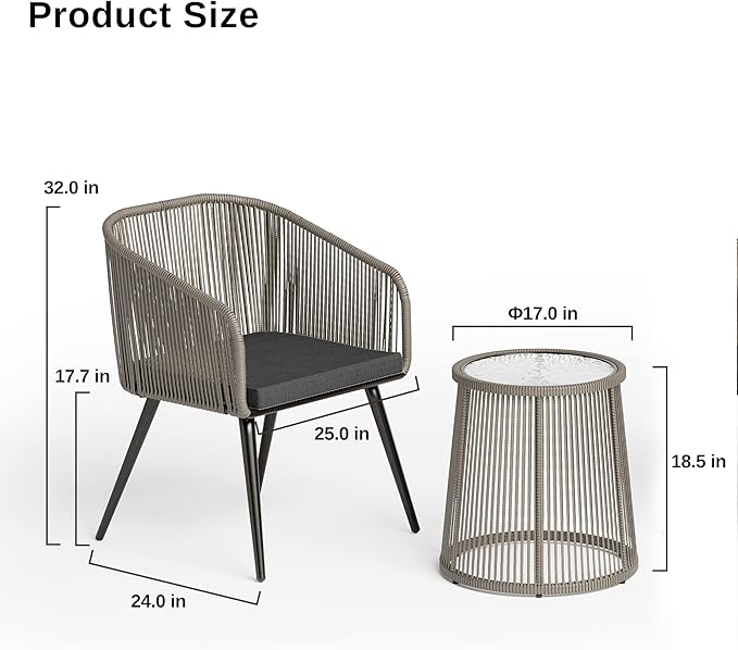 EAST OAK Breezeway Patio Furniture Set, 3-Piece Outside Bistro Set Handwoven Rattan Wicker Chairs with Waterproof Cushions, Tempered Glass Table, Outdoor Conversation Set, Light Grey & Dark Grey