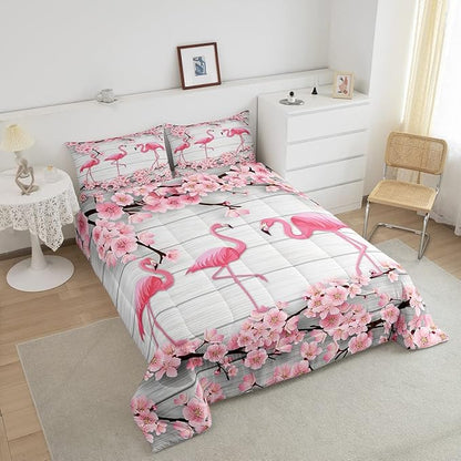 Erosebridal Flamingo Bedding Set Full,Cherry Blossoms Comforter Set for Girls Teens Women,Pink Tropical Bird Animal Comforter Flower Rustic Wooden Board Quilt Duvet Sets with 2 Pillow Cases
