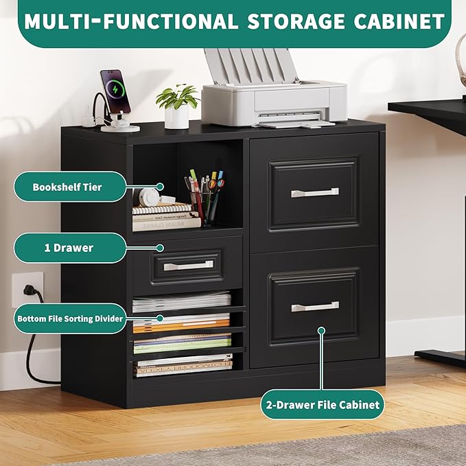 YITAHOME 3 Drawer File Cabinet, Filing Cabinet with Charging Station, Printer Stand with Open Storage Shelves, Fits for A4, Letter, Legal Size Files, Black