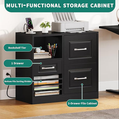 YITAHOME 3 Drawer File Cabinet, Filing Cabinet with Charging Station, Printer Stand with Open Storage Shelves, Fits for A4, Letter, Legal Size Files, Black