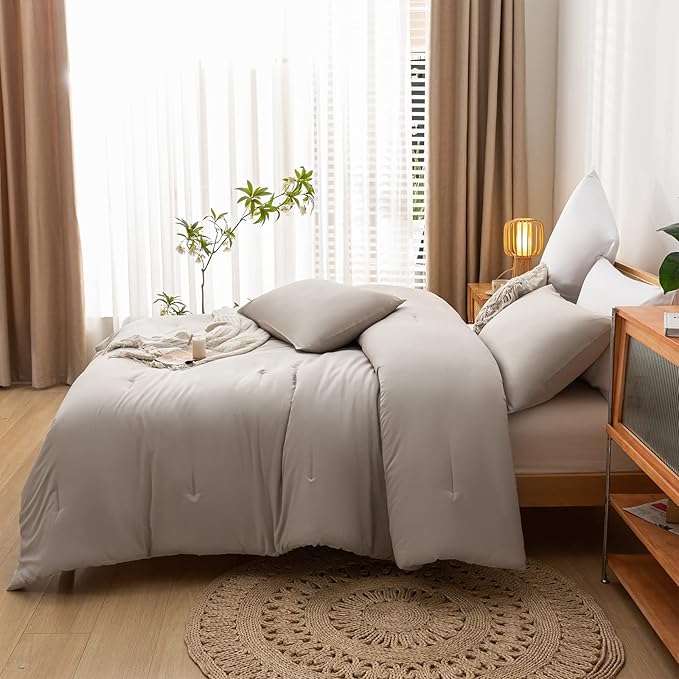 3PCS Boho Full Size Comforter Set Tannish Grey Farmhouse Bed Comforter for Teen Women and Men Reversible Warm Washable Microfiber Comforter for All Season