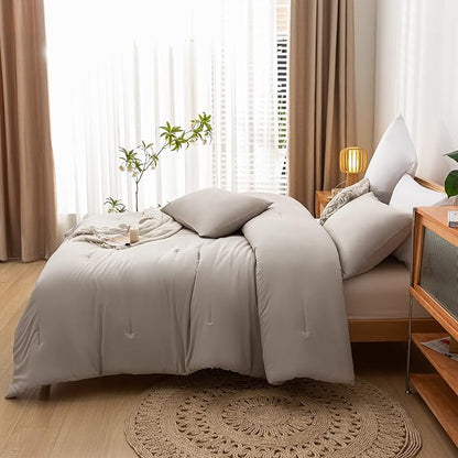 3PCS Boho Full Size Comforter Set Tannish Grey Farmhouse Bed Comforter for Teen Women and Men Reversible Warm Washable Microfiber Comforter for All Season