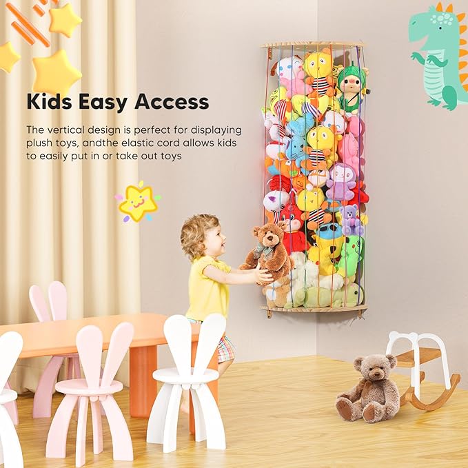 Stuffed Animal Storage Toy Organizer, Wood Corner Plushies Storage Wall Shelf Adjustable Length Stuffed Animal Holder, Large Kids Toy Storage for Nursery Playroom Bedroom Kid Room