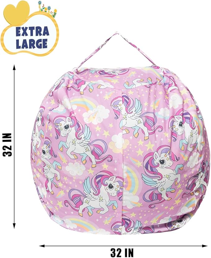 Stuffed Animal Storage Bean Bag Chair Cover, Hold Kids Plush Toys Blankets Towels Beanbag (Cover Only), Canvas Floor Circle Stuff Sit Seat Sofa with YKK Zipper, Large 32", Unicorn