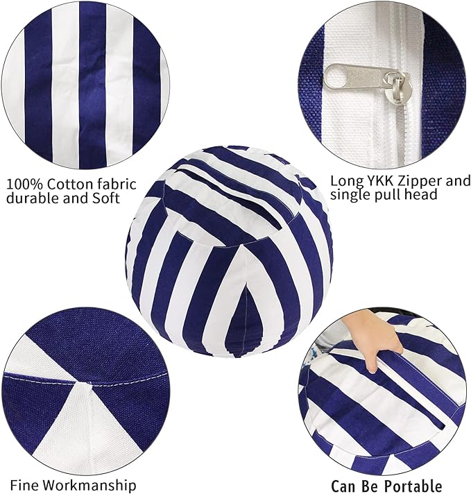 2 PCS Stuffed Animal Storage Bean Bag Chair Cover, Cotton Canvas Beanbag with Zipper for Organizing Kid's and Adults Room Vertical Stripe Blue 24"