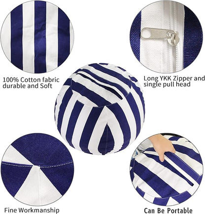 2 PCS Stuffed Animal Storage Bean Bag Chair Cover, Cotton Canvas Beanbag with Zipper for Organizing Kid's and Adults Room Vertical Stripe Blue 24"
