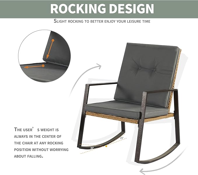 3 Pieces Rocking Chairs Set Balcony Furniture Conversation Sets with Outdoor Table and Chairs,Washable Cushion for Porch,balcony,Garden,Backyard,Poolside Grey