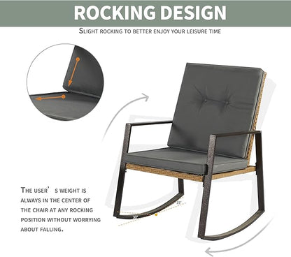 3 Pieces Rocking Chairs Set Balcony Furniture Conversation Sets with Outdoor Table and Chairs,Washable Cushion for Porch,balcony,Garden,Backyard,Poolside Grey