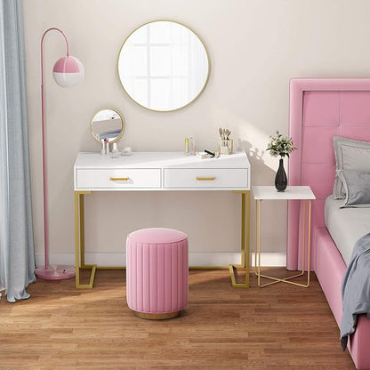 Tribesigns 40 Inch Computer Desk, White and Gold Desk with 2 Drawers, Modern Simple Home Office Desk, Gold Writing Desk Study Table for Bedroom, Modern Makeup Vanity Desk for Small Spaces
