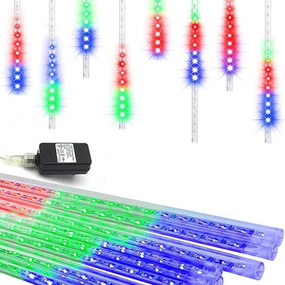 Meteor Shower Lights UL Certified 192 LED Falling Rain Lights with 30cm 8 Tubes rain Drop Christmas Icicle Cascading Lights for Xmas Halloween Decorations Party Holiday Garden Tree,Multicolor