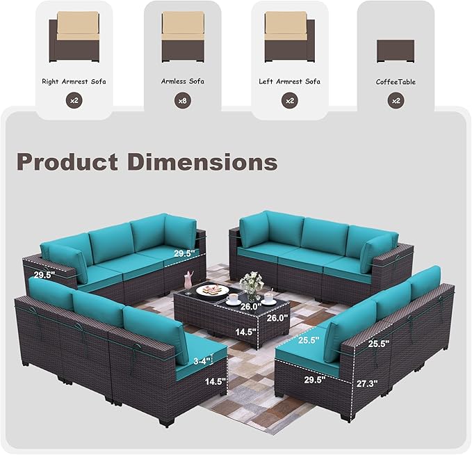 Patio Furniture Set 14-Pieces Outdoor Furniture for Backyard Wicker Sectional Sofa Set, Rattan Patio Conversation Set with Thickened Cushions and Glass Coffee Table, Blue