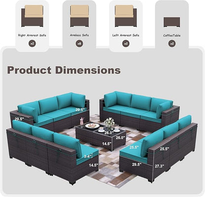 Patio Furniture Set 14-Pieces Outdoor Furniture for Backyard Wicker Sectional Sofa Set, Rattan Patio Conversation Set with Thickened Cushions and Glass Coffee Table, Blue
