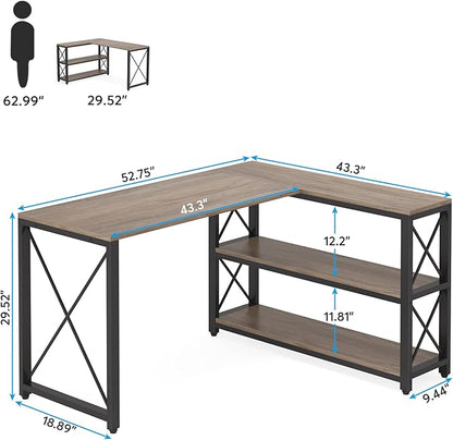 Tribesigns Reversible Industrial L-Shaped Desk with Storage Shelves, Corner Computer Desk PC Laptop Study Table Workstation for Home Office Small Space (Grey, 53")