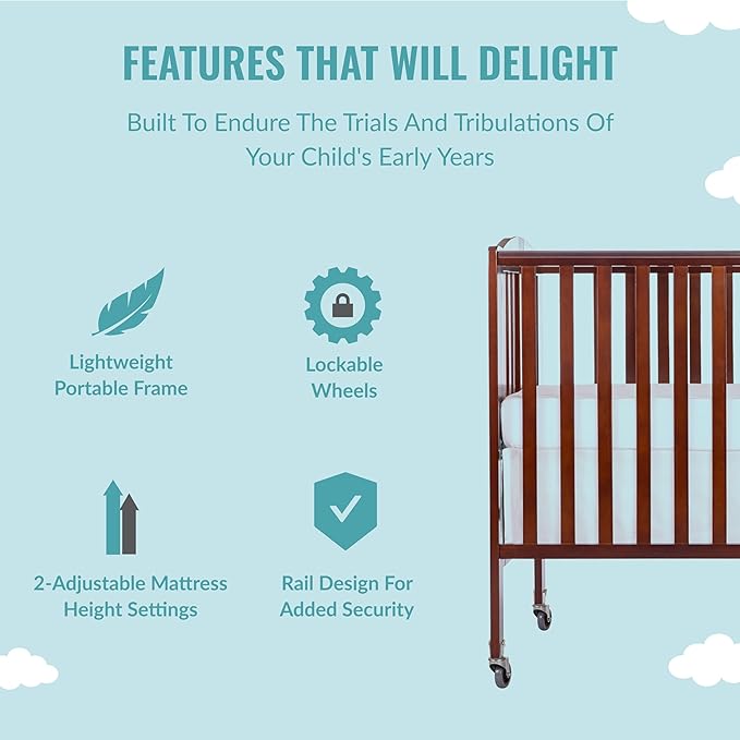 Folding Full Size Convenience Crib In Espresso, Two Adjustable Mattress Height Positions, Comes With Heavy Duty Locking Wheels, Flat Folding Crib