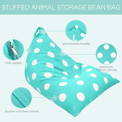 Aubliss Stuffed Animal Storage Bean Bag Chair Cover, 50"x 35" Extra Large Bean Bags for Kids & Adults, Beanbag Toy Storage for Boys Girls - Premium Cotton Canvas Aqua Dot