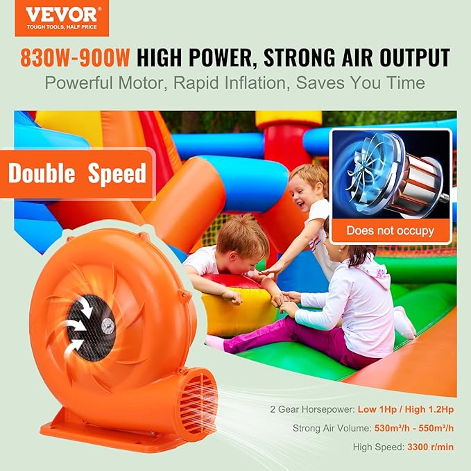 VEVOR Air Blower, 2-Speed Inflatable Blower, 1HP and 1.2HP, Portable and Powerful Bounce House Blower, Commercial Bouncy Castle Electric Blower, Used for Inflatable Bouncy Castle and Jump Slides
