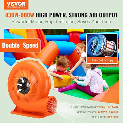 VEVOR Air Blower, 2-Speed Inflatable Blower, 1HP and 1.2HP, Portable and Powerful Bounce House Blower, Commercial Bouncy Castle Electric Blower, Used for Inflatable Bouncy Castle and Jump Slides