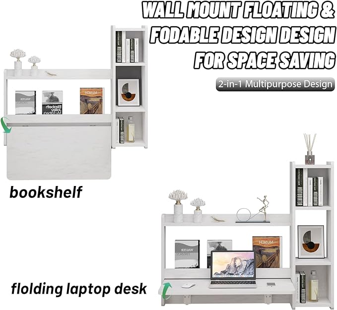 Pmnianhua Floating Desk,41'' Wall Mounted Desk Fold Down Laptop Desk Folding Space Saving Table Workstation with Storage Shelves for Bedroom Study Room Small Space (Off White-Right)