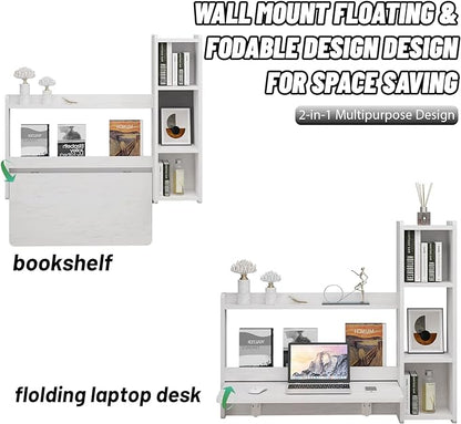 Pmnianhua Floating Desk,41'' Wall Mounted Desk Fold Down Laptop Desk Folding Space Saving Table Workstation with Storage Shelves for Bedroom Study Room Small Space (Off White-Right)