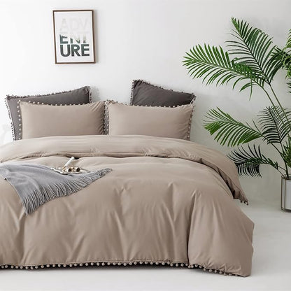 Deep Champagne Comforter Set Full Pom Pom Fringe Comforter 3 PCs Soft Taupe Boho Ball Pom Pom Full Comforter Bedding Women Men Solid Dark Khaki Full Bed Comforter Set All Season Gift